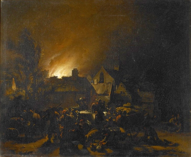 Plünderer in einem brennenden Dorf